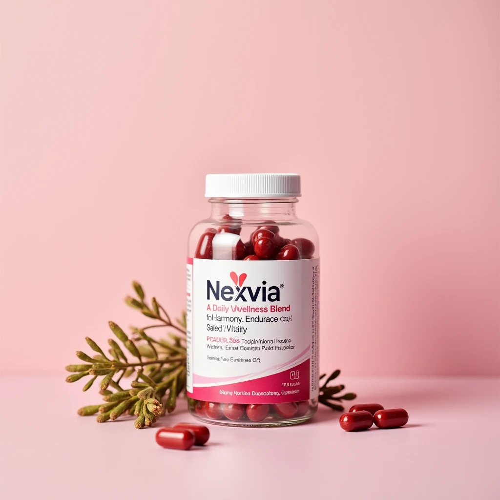 Nexvia supplement bottle illustration with gradient capsule design